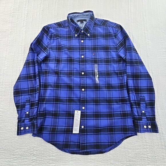 NEW Tommy Hilfiger Middle Weight Flannel Shirt Men's L Blue Plaid NWT Button-Up - Picture 1 of 14